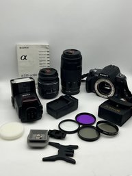Sony A330 DSLR Camera, WORKS GREAT,  2 Lenses, 1 Battery & Charger, Detachable Flash, W/ Bag  Accessories