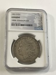 1921-D NGC Genuine 100th Anniversary Morgan Silver Dollar