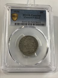 1834 PCGS Genuine Cleaned-F Detail Capped Bust Quarter