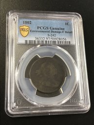 1802 PCGS Genuine Environmental Damage-F Detail Draped Bust Large Cent