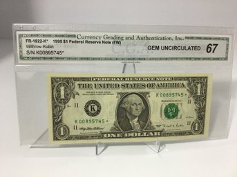 1995 CGA Gem Uncirculated 67 $1 Bill Star Note