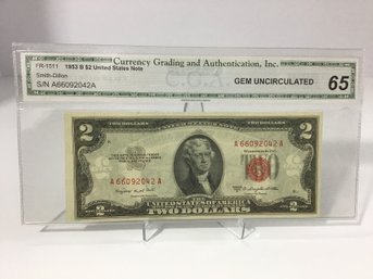 1953B CGA Gem Uncirculated 65 $2 Bill