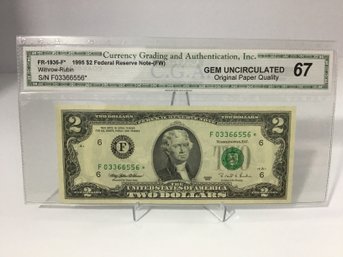 1995 CGA Gem Uncirculated 67 $2 Bill Star Note
