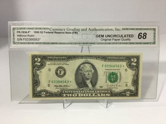 1995 CGA Gem Uncirculated 68 $2 Bill Star Note