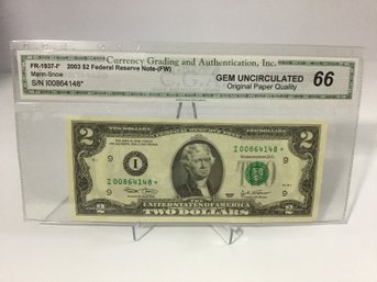2003 CGA Gem Uncirculated 66 $2 Bill Star Note