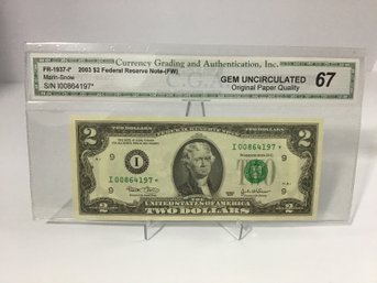 2003 CGA Gem Uncirculated 67 $2 Bill Star Note