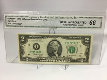 2003 CGA Gem Uncirculated 66 $2 Bill Star Note