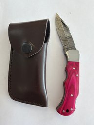 NEW Damascus Folding Knife W Sheath