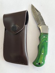 NEW Damascus Folding Knife W Sheath