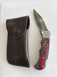 NEW Damascus Folding Knife W Sheath