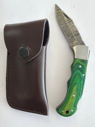 NEW Damascus Folding Knife W Sheath