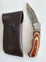 NEW Damascus Folding Knife W Sheath