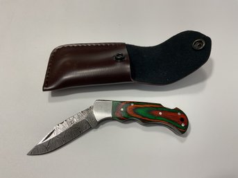 New Damascus Folding Knife With Sheath