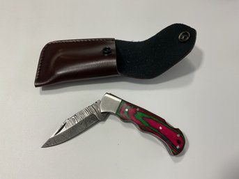 New Damascus Folding Knife With Sheath
