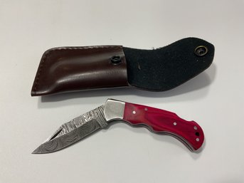 New Damascus Folding Knife With Sheath