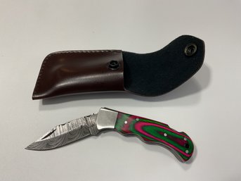 New Damascus Folding Knife With Sheath