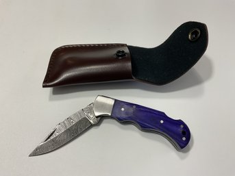 New Damascus Folding Knife With Sheath