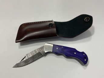 New Damascus Folding Knife With Sheath