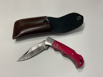 New Damascus Folding Knife With Sheath