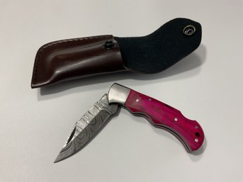 New Damascus Folding Knife With Sheath