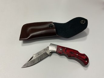 New Damascus Folding Knife With Sheath