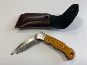 New Damascus Folding Knife W/ Sheath