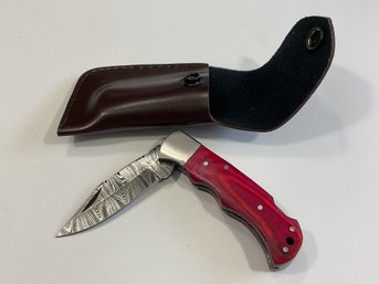 New Damascus Folding Knife W/ Sheath