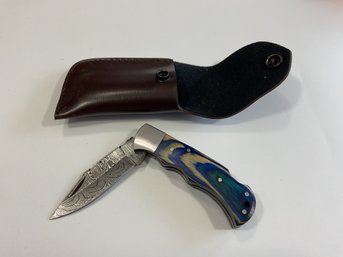 New Damascus Folding Knife W/ Sheath
