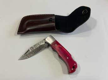 New Damascus Folding Knife W/ Sheath