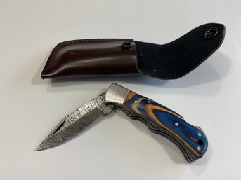 New Damascus Folding Knife W/ Sheath