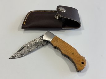 New Damascus Folding Knife W/ Sheath