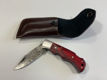 New Damascus Folding Knife W/ Sheath