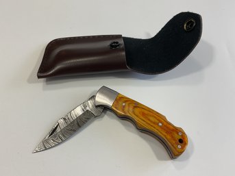 New Damascus Folding Knife W/ Sheath