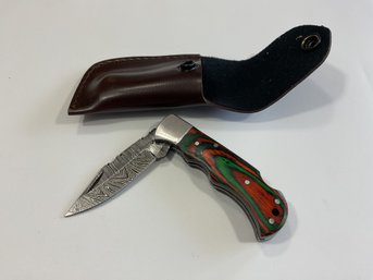 New Damascus Folding Knife W/ Sheath