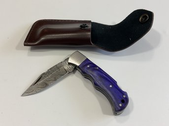 New Damascus Folding Knife W/ Sheath