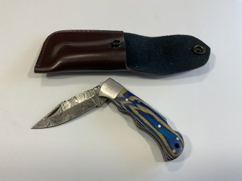 New Damascus Folding Knife W/ Sheath