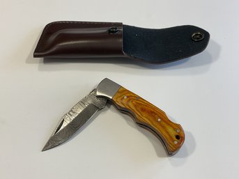 New Damascus Folding Knife W/ Sheath