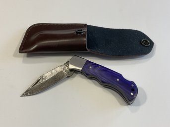 New Damascus Folding Knife W/ Sheath