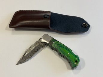 New Damascus Folding Knife W/ Sheath