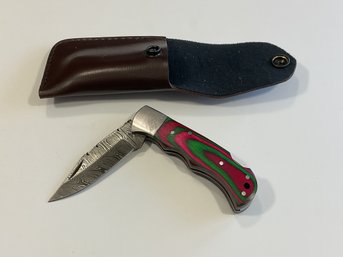 New Damascus Folding Knife W/ Sheath