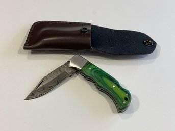 New Damascus Folding Knife W/ Sheath