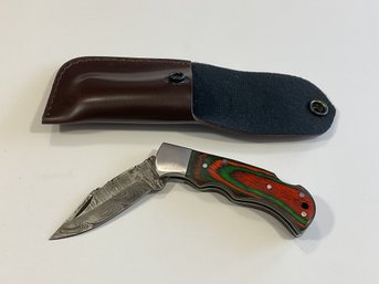 New Damascus Folding Knife W/ Sheath