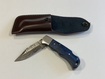 New Damascus Folding Knife W/ Sheath