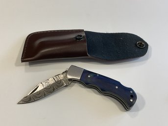 New Damascus Folding Knife W/ Sheath