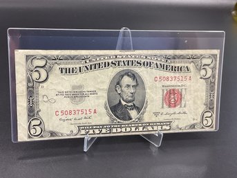 1953 B Red Seal $5 Bill OFF CENTER