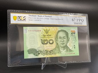 2013 PCGS SUPERB GEM UNC. 67 PPQ Thailand 20 Baht