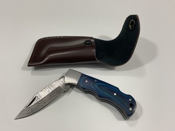 New Damascus Folding Knife W/ Sheath