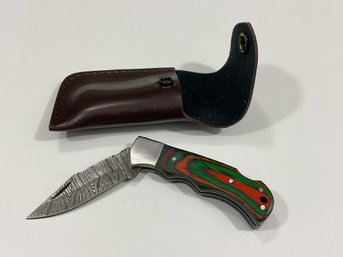 New Damascus Folding Knife W/ Sheath
