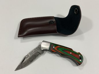 New Damascus Folding Knife W/ Sheath