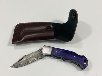 New Damascus Folding Knife W/ Sheath